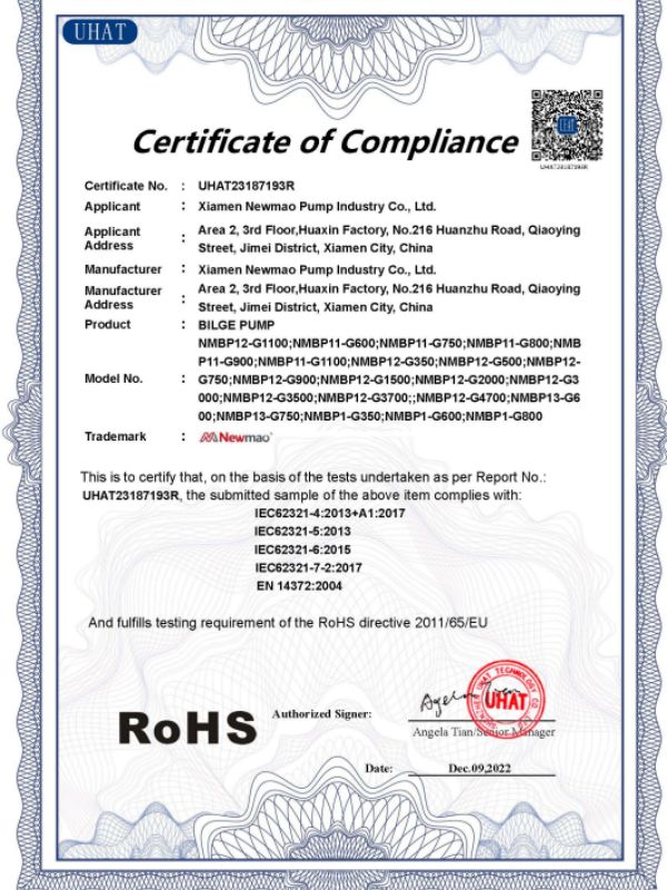 Certificación ROHS de bomba de achique